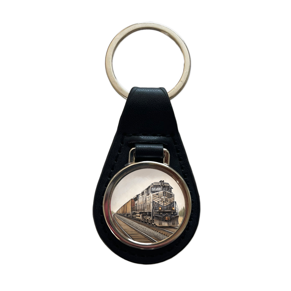 Diesel Locomotive Pulling A Long Line Of Freight Cars Black Leather Metal Keychain
