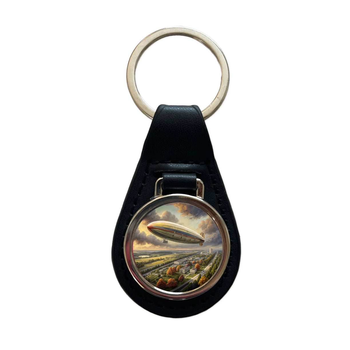 Dirigible Airship In Flight Over New Jersey Black Leather Metal Keychain