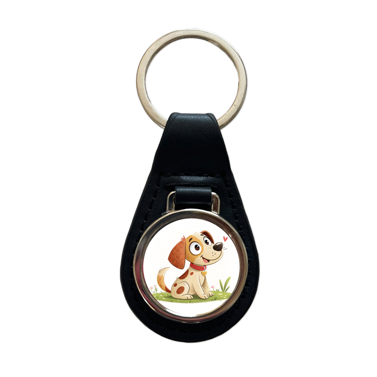 Dog Children's Illustration Style Black Leather Metal Keychain