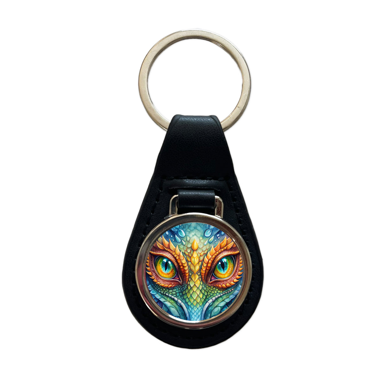 Dragon Eyes Close Up Watercolor Black Leather Metal Keychain