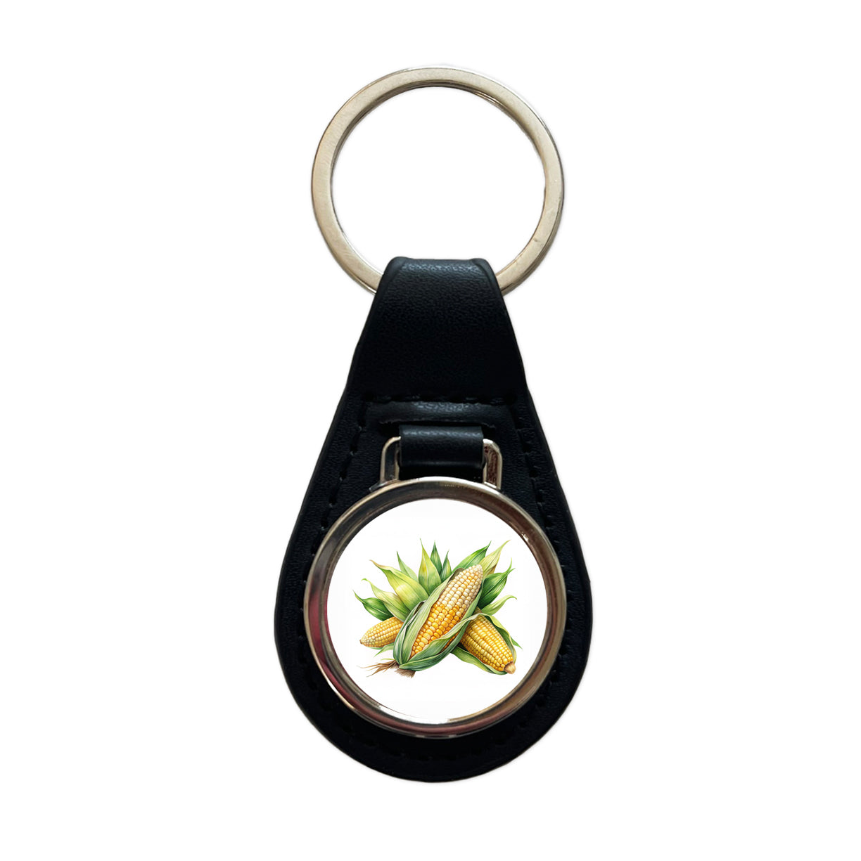 Ears of Corn Watercolor Black Leather Metal Keychain