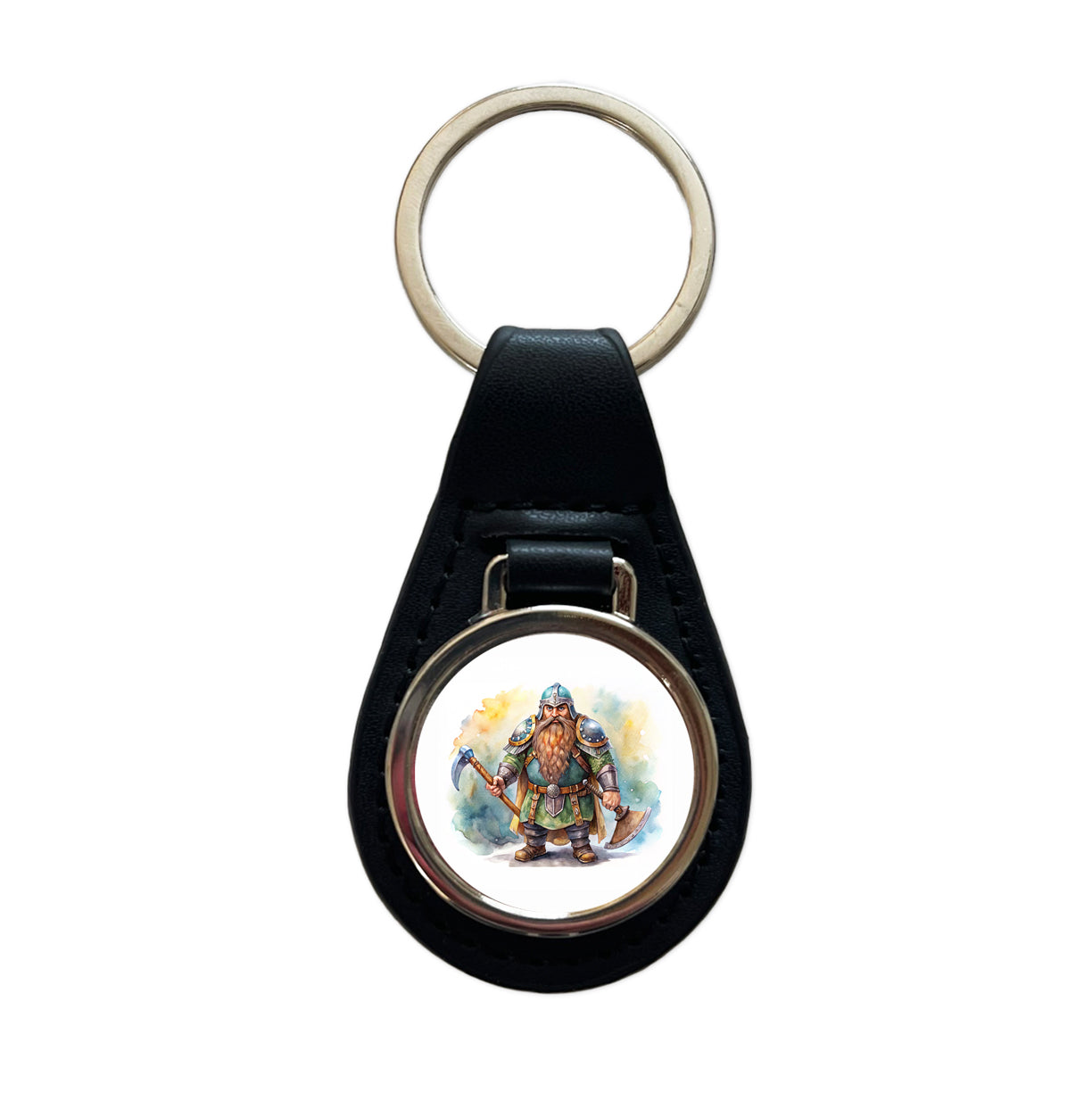 Fantasy Dwarf Fighter Warrior Tank Watercolor Black Leather Metal Keychain