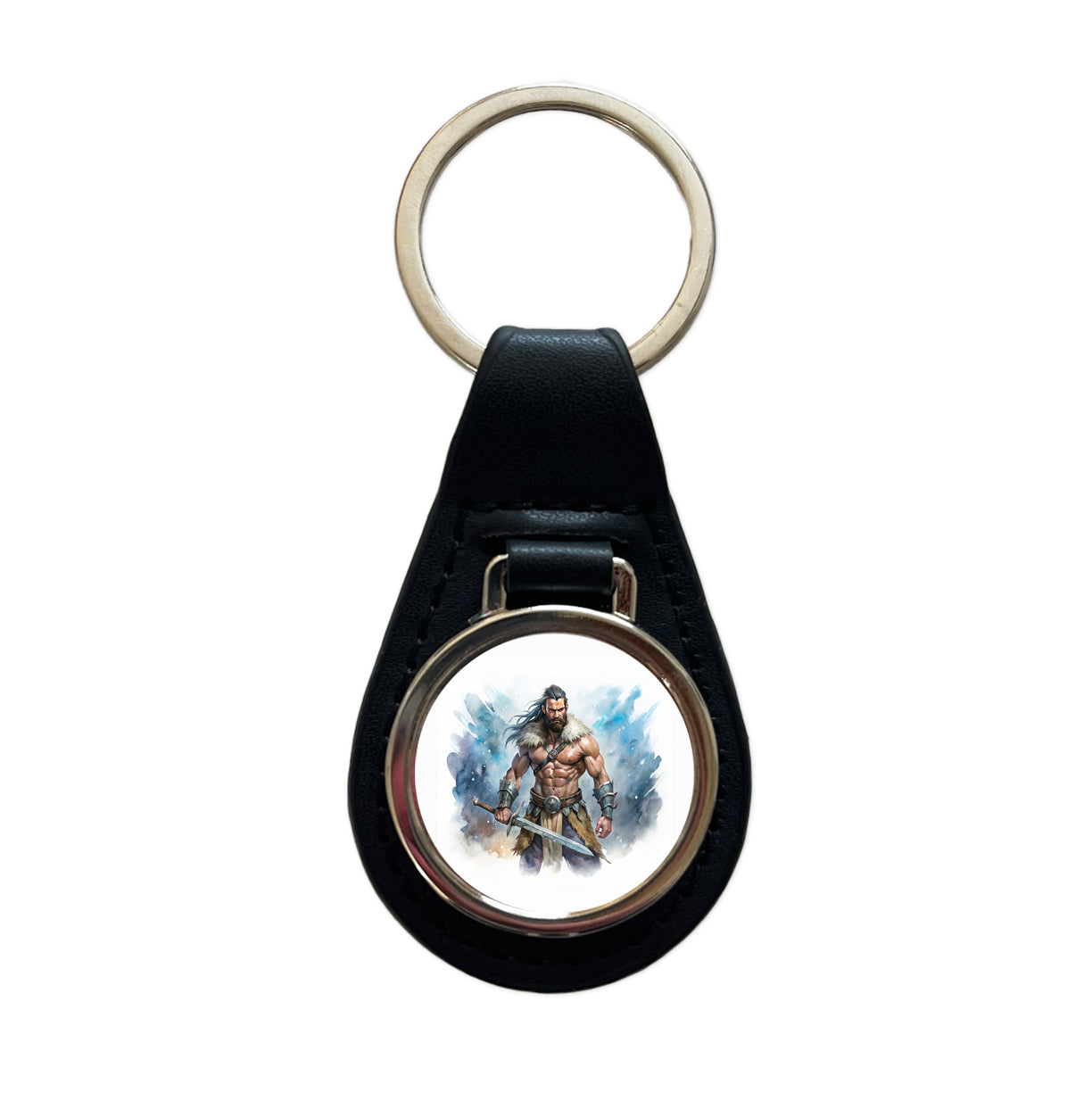 Fantasy Male Barbarian With Two-Handed Sword Black Leather Metal Keychain
