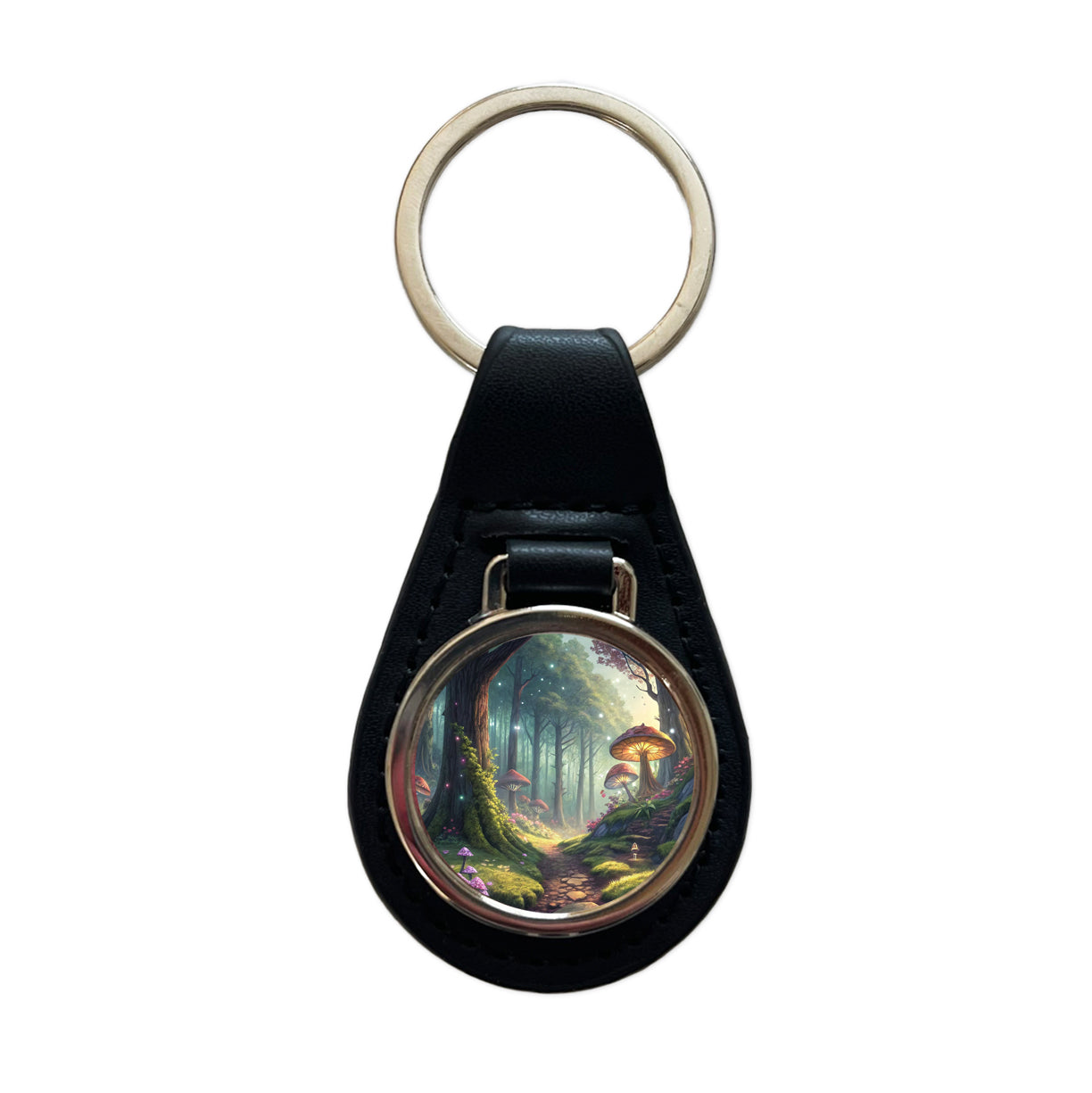 Fantasy Mushroom Forest Mystical Anime Style Black Leather Metal Keychain
