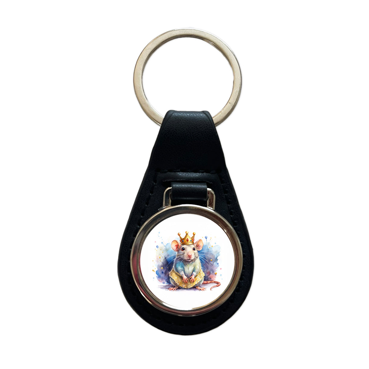 Fantasy Rat Mouse King Watercolor Black Leather Metal Keychain