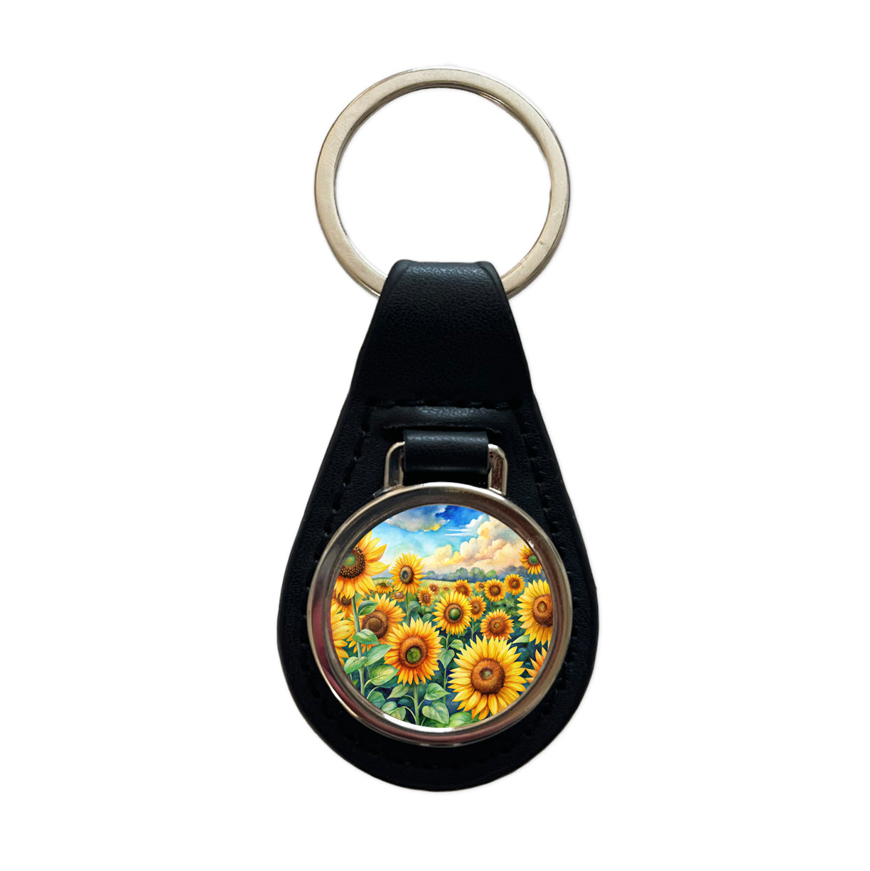 Field Of Sunflowers Watercolor Black Leather Metal Keychain