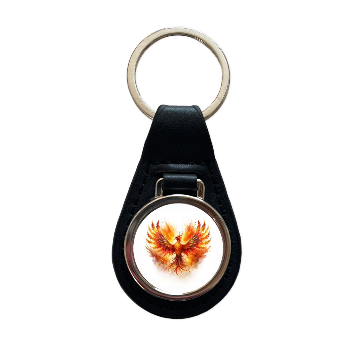 Flaming Phoenix Rising Fantasy Watercolor Black Leather Metal Keychain