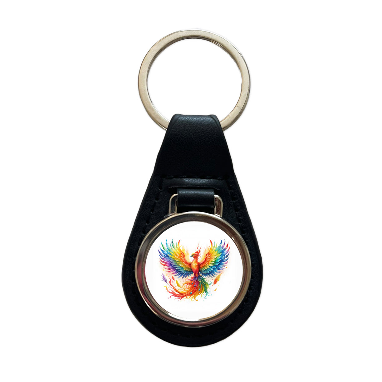 Flaming Rainbow Phoenix Rising Fantasy Watercolor Black Leather Metal Keychain