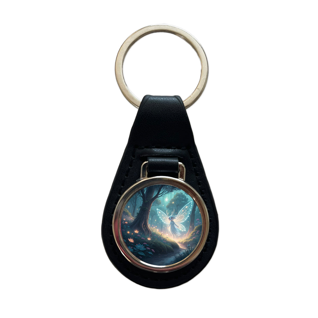 Forest Spirit Japanese Anime Style Fantasy Black Leather Metal Keychain