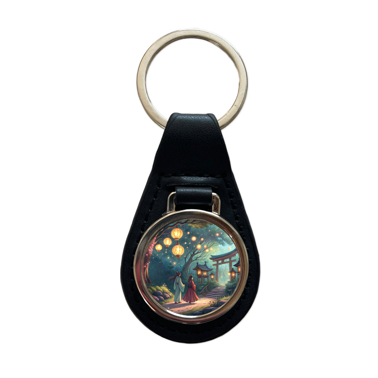 Forest Temple Entrance Torii Gate Fantasy Japanese Anime Style Black Leather Metal Keychain