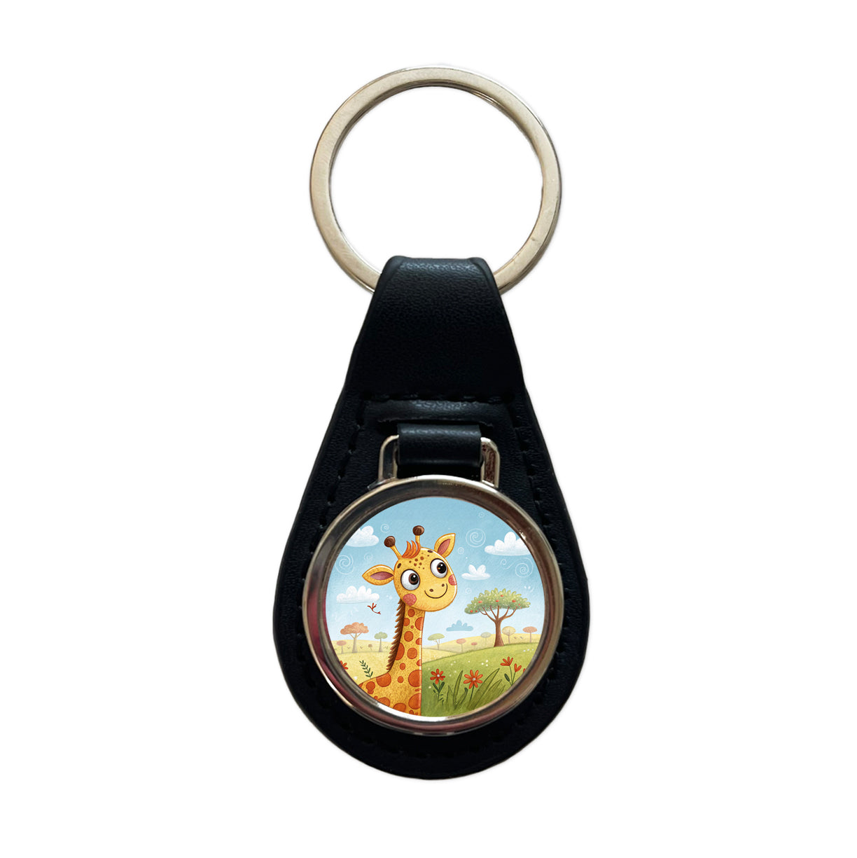 Giraffe Children's Illustration Style Black Leather Metal Keychain