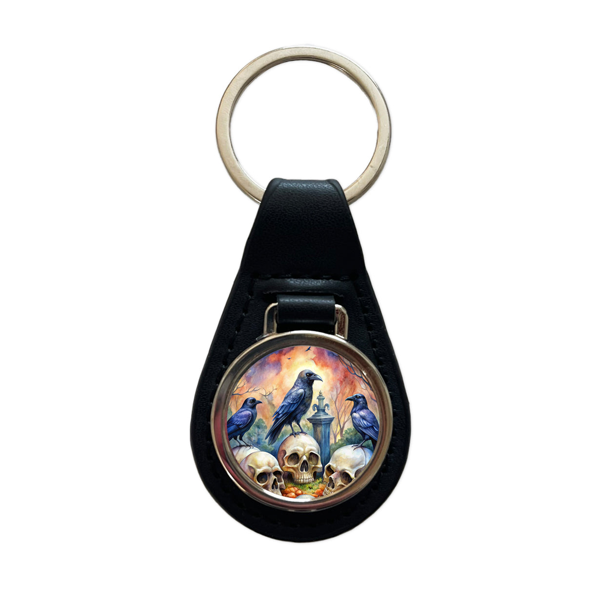 Gothic Raven Death Skulls Watercolor Black Leather Metal Keychain