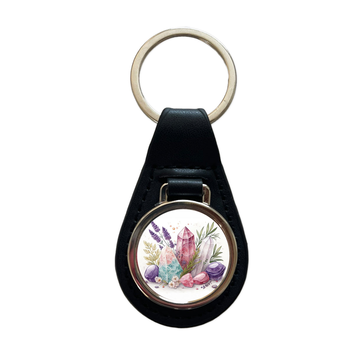 Healing Crystals and Herbs Black Leather Metal Keychain