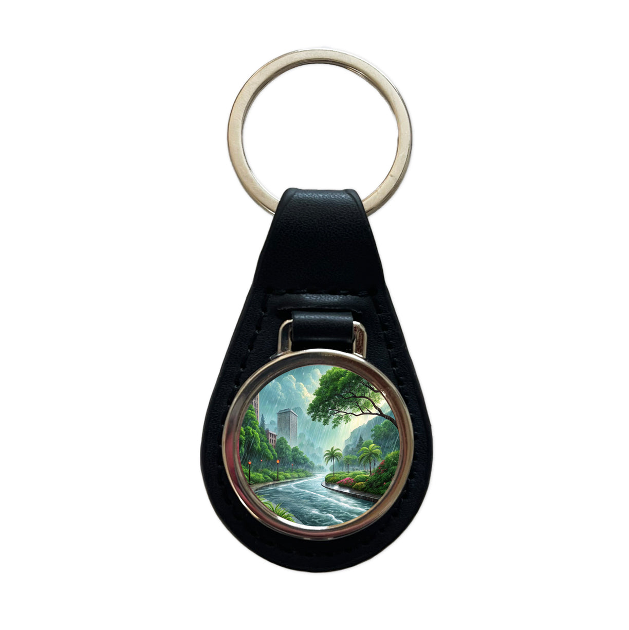 Heavy Monsoon Rain Storm City Landscape Black Leather Metal Keychain
