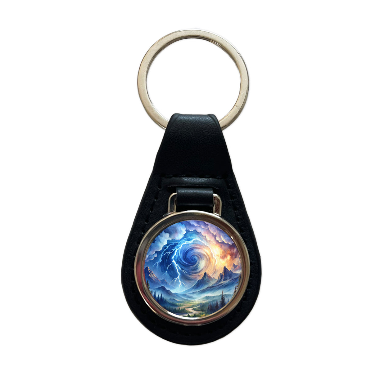 Hurricane and Lightning At Night in the Mountains Watercolor Black Leather Metal Keychain