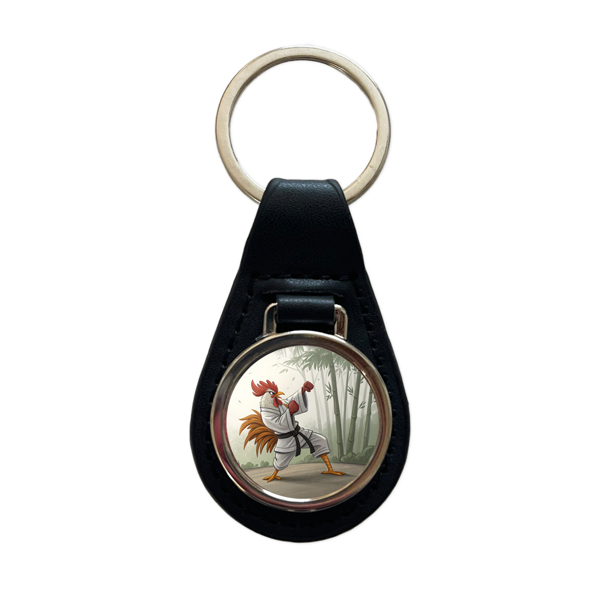Kung Fu Karate Martial Arts Rooster Black Leather Metal Keychain