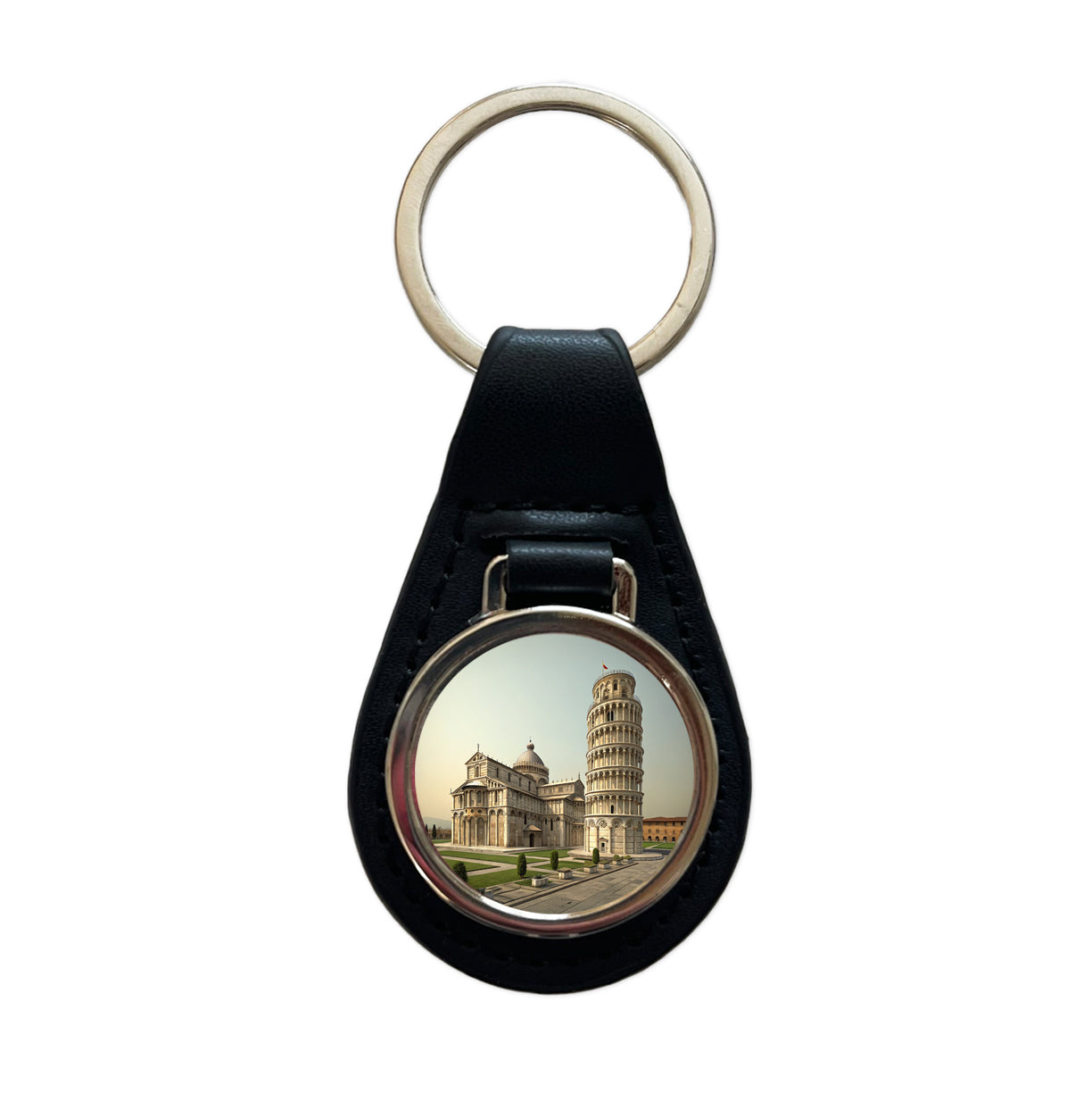 Leaning Tower Of Pisa Italy Black Leather Metal Keychain