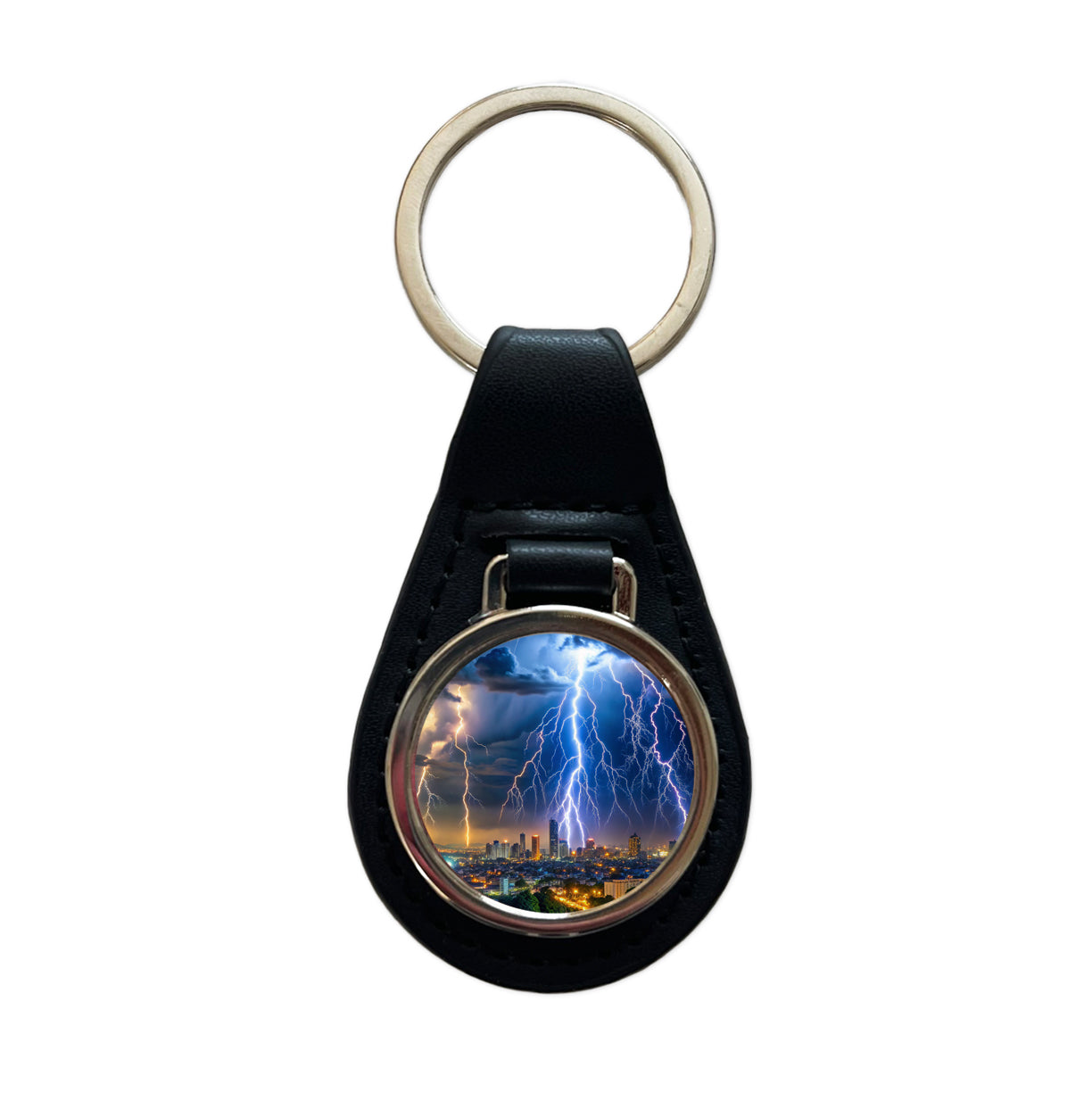 Lighting Strikes Over City At Night Black Leather Metal Keychain