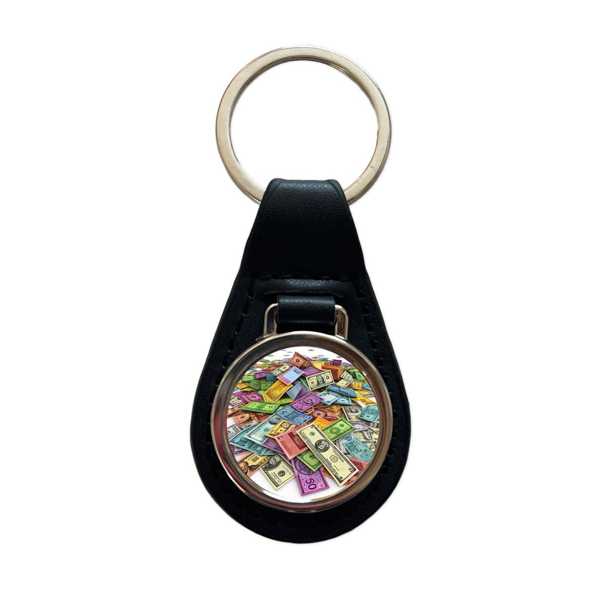 Lots of Colorful Money Monetary Bills Black Leather Metal Keychain