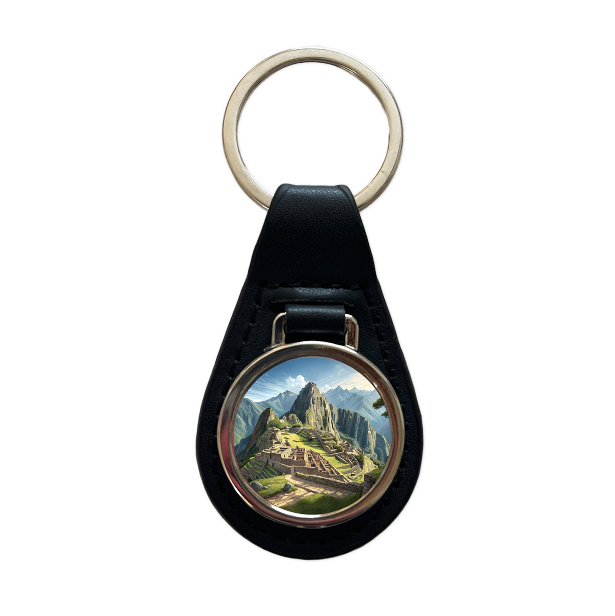 Machu Picchu Incan Citadel Andes Mountains Peru Black Leather Metal Keychain