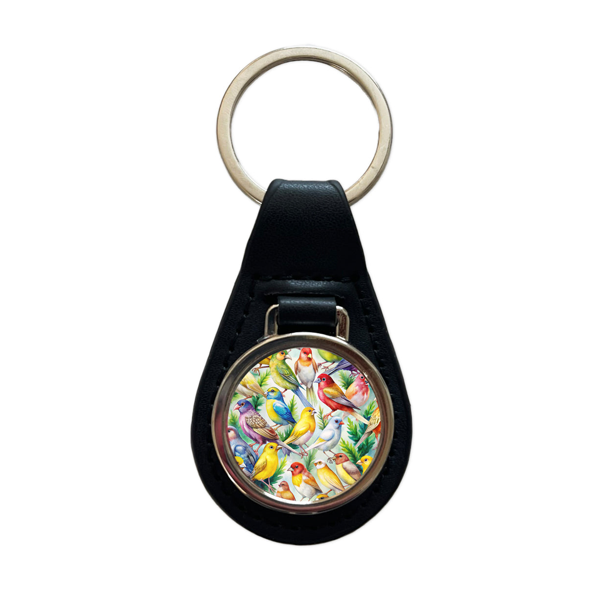 Many Colorful Canary Birds Watercolor Black Leather Metal Keychain