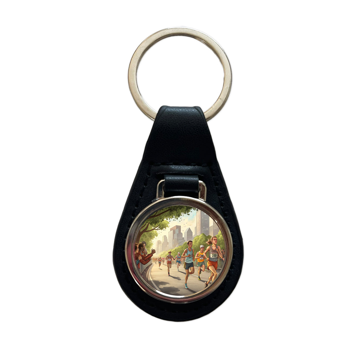 Marathon Running Race Jogging Black Leather Metal Keychain