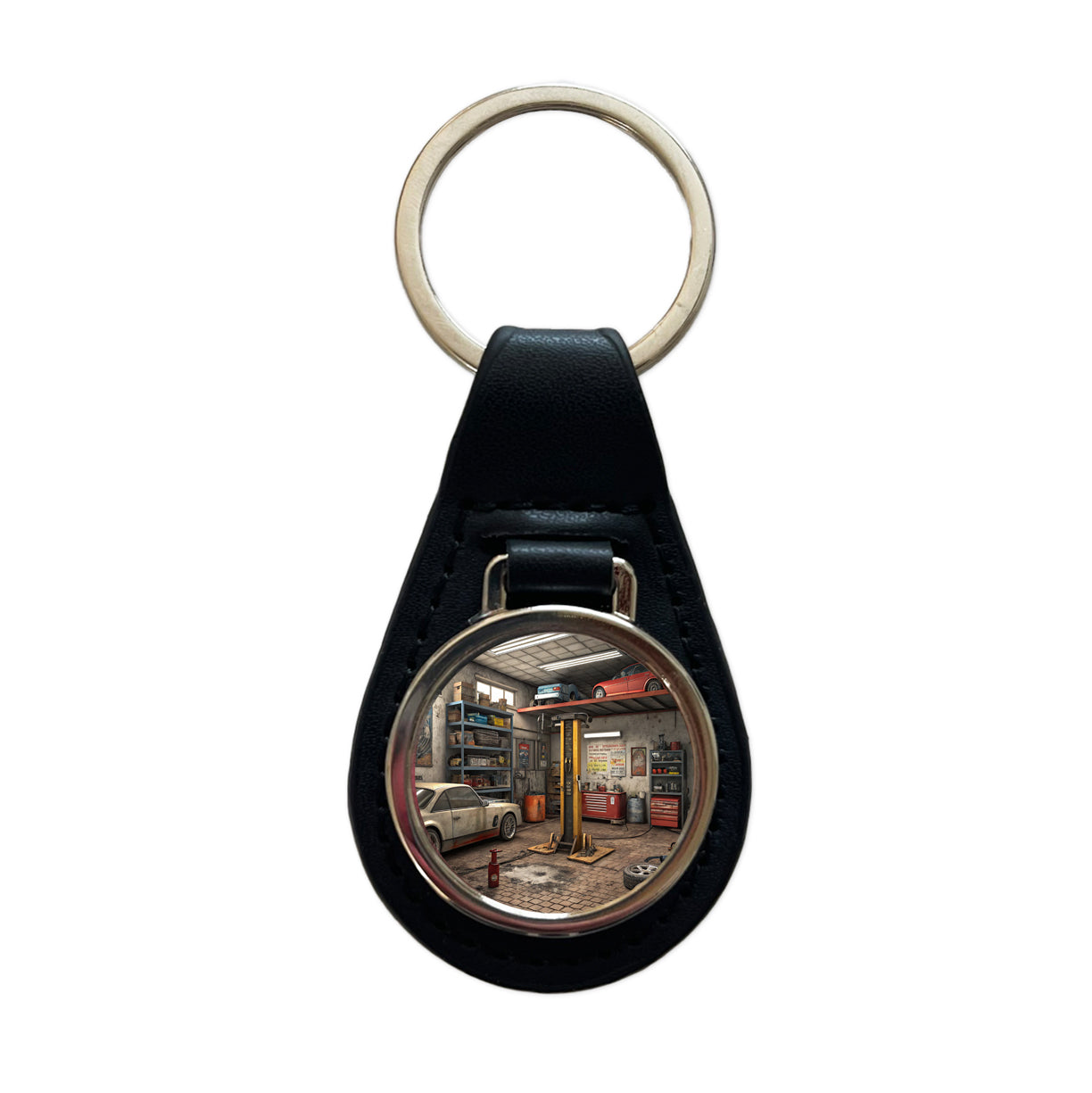 Mechanic Auto Garage Shop Black Leather Metal Keychain