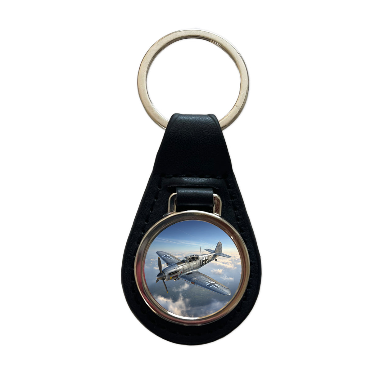 Messerschmitt Bf 109 WWII German Fighter Plane Black Leather Metal Keychain