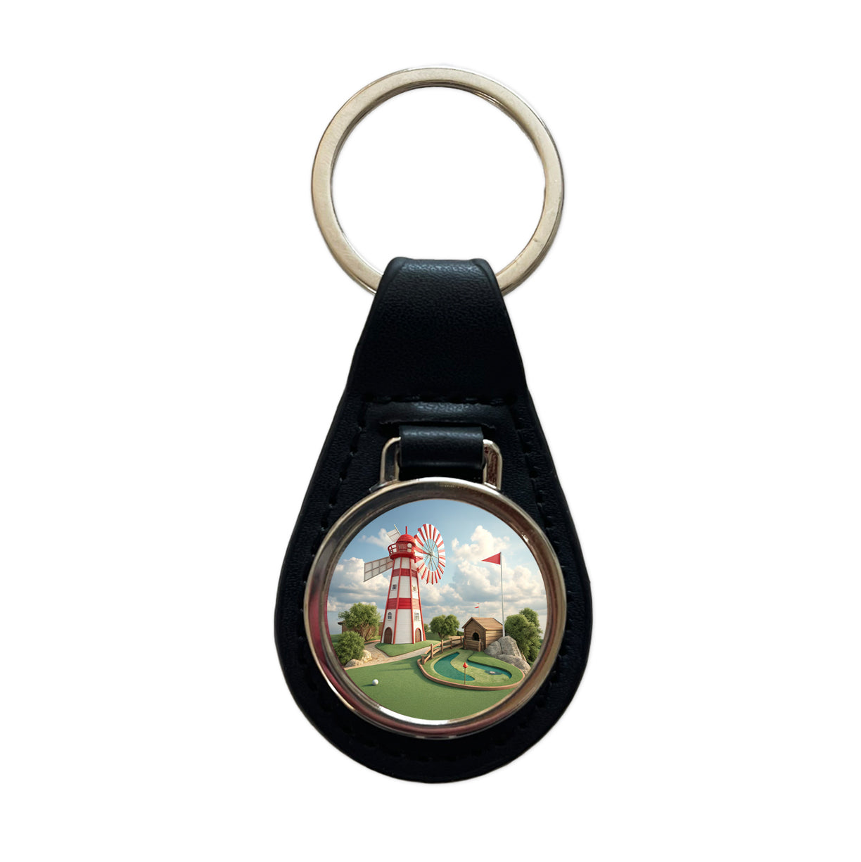 Miniature Golf Course Windmill Black Leather Metal Keychain