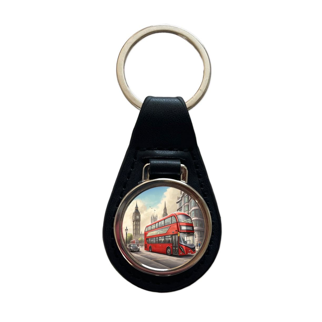 Modern Double Decker Bus In London England Black Leather Metal Keychain