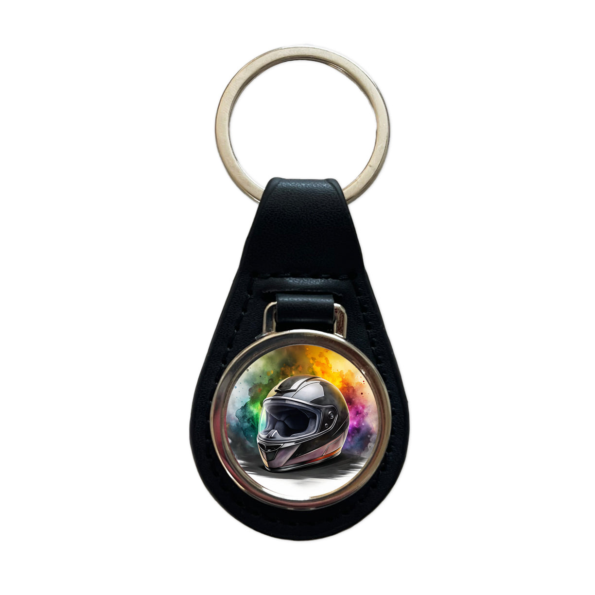 Motorcycle Racing Riding Helmet Watercolor Black Leather Metal Keychain