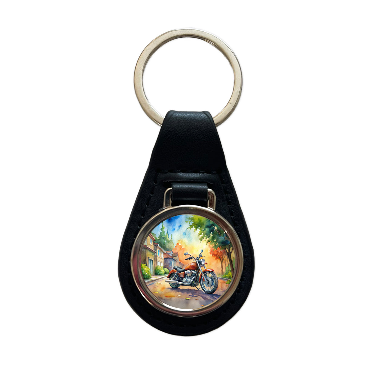 Motorcycle Watercolor Scene Black Leather Metal Keychain