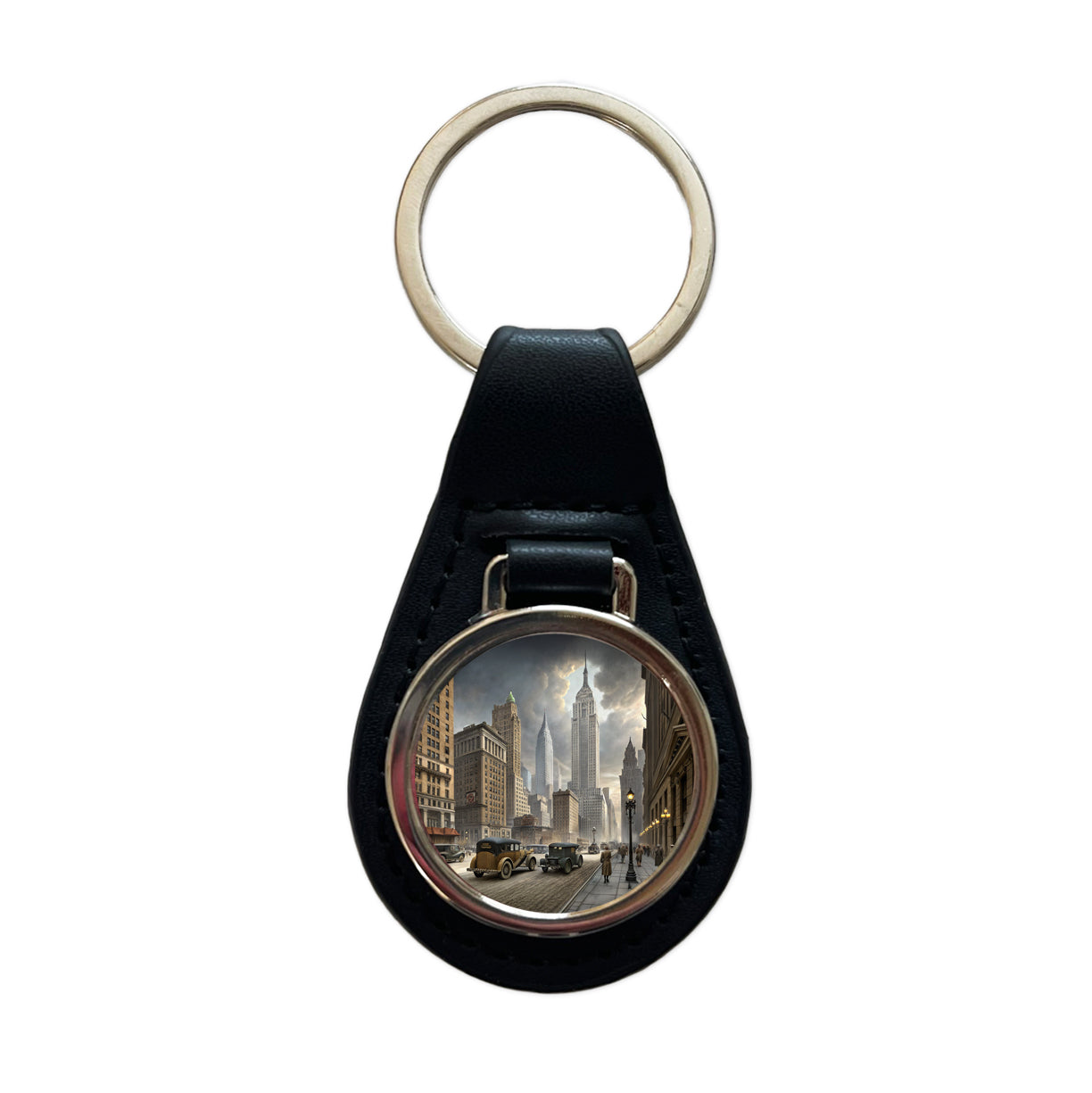 New York City in the 1900's Black Leather Metal Keychain