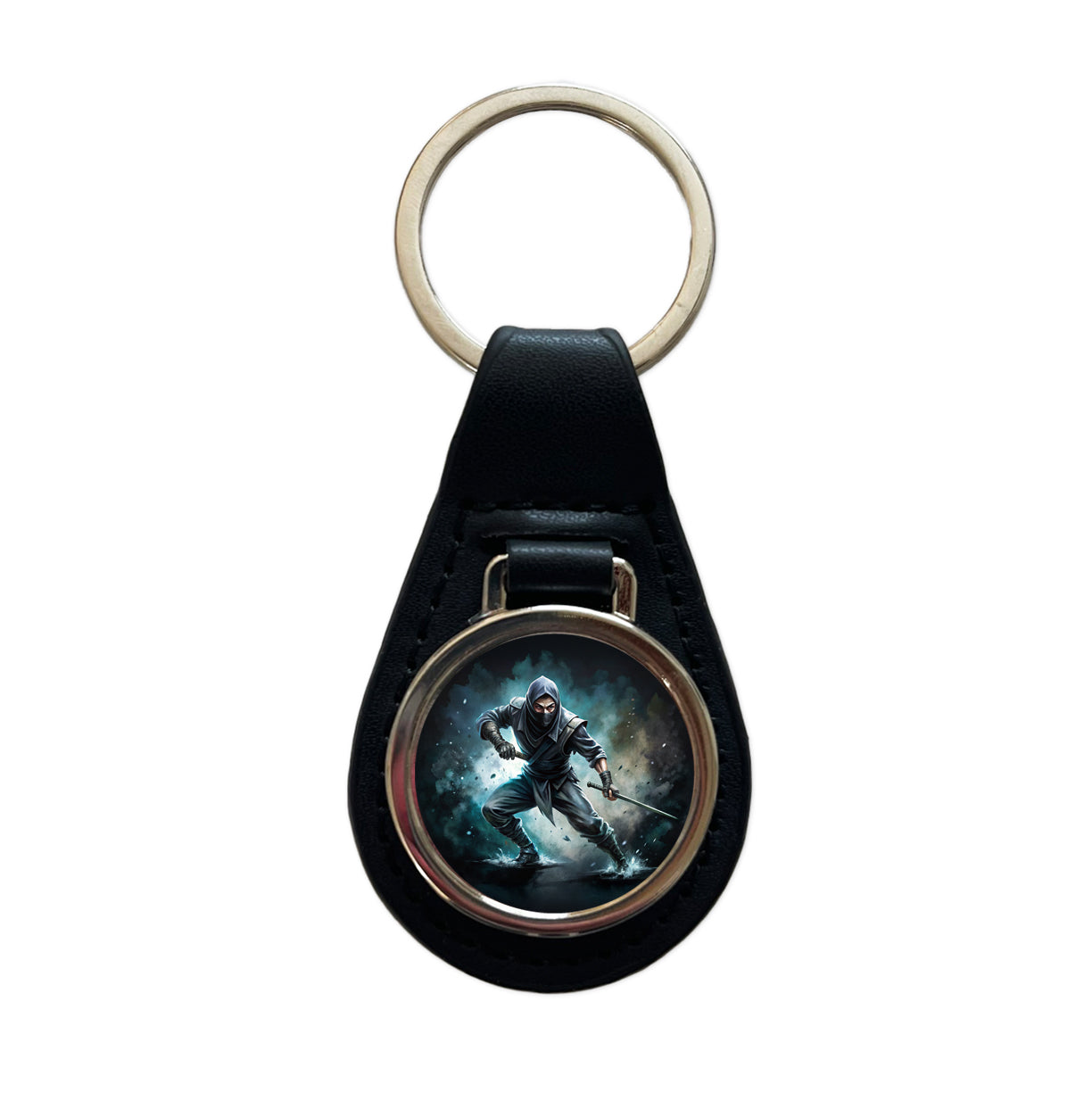 Ninja with Katana Sword Black Watercolor Black Leather Metal Keychain