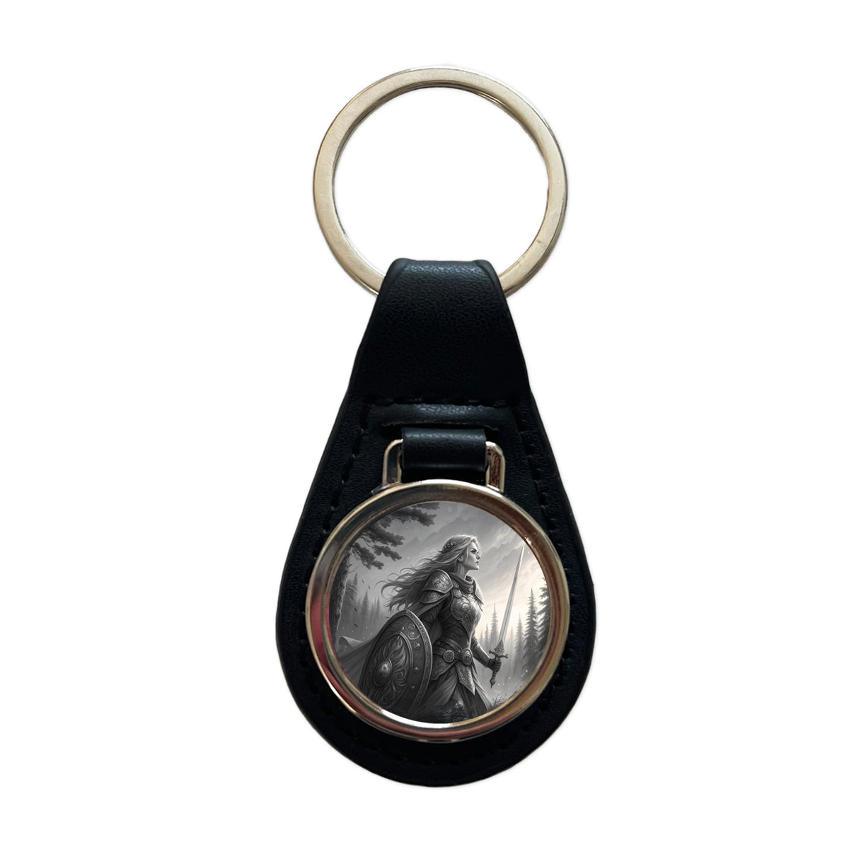 Nordic Viking Fantasy Woman Warrior Black And White Black Leather Metal Keychain