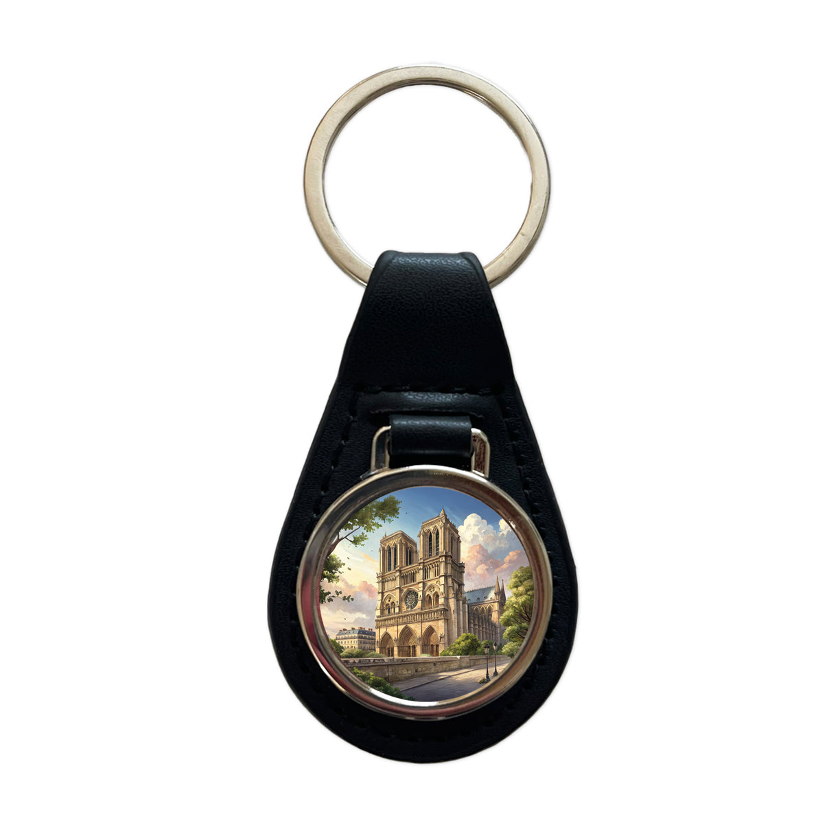 Notre Dame Church Paris France Black Leather Metal Keychain