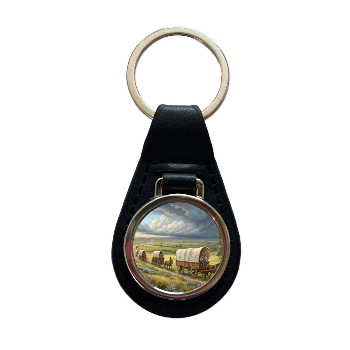 Old West Covered Wagons Crossing The Prairie Western Black Leather Metal Keychain