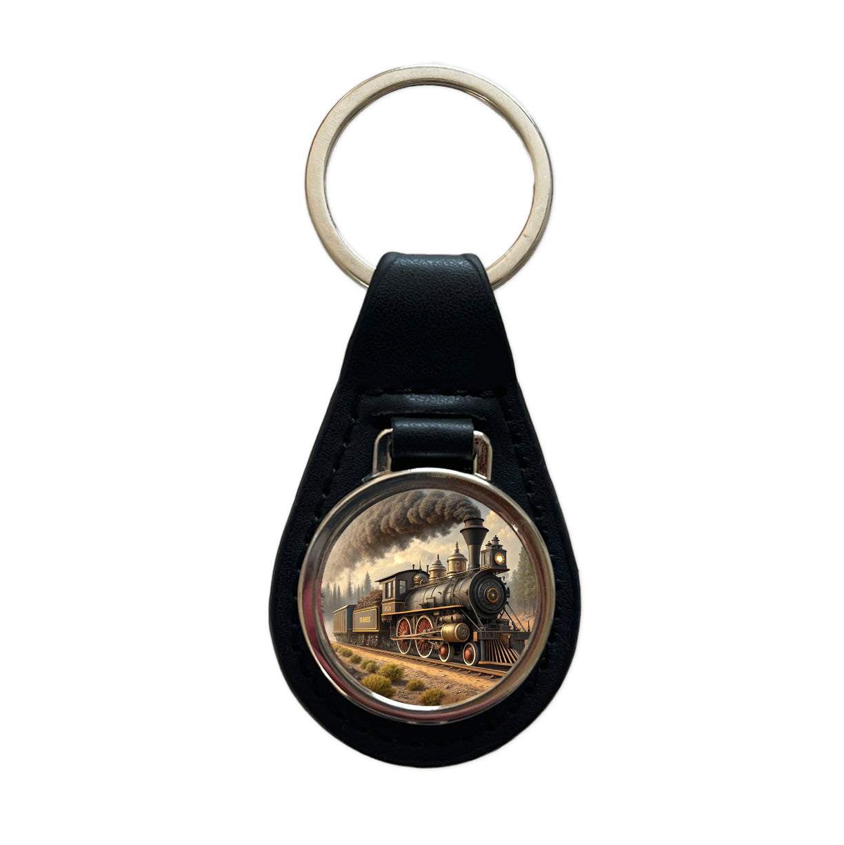 Old West Steam Locomotive Western Black Leather Metal Keychain