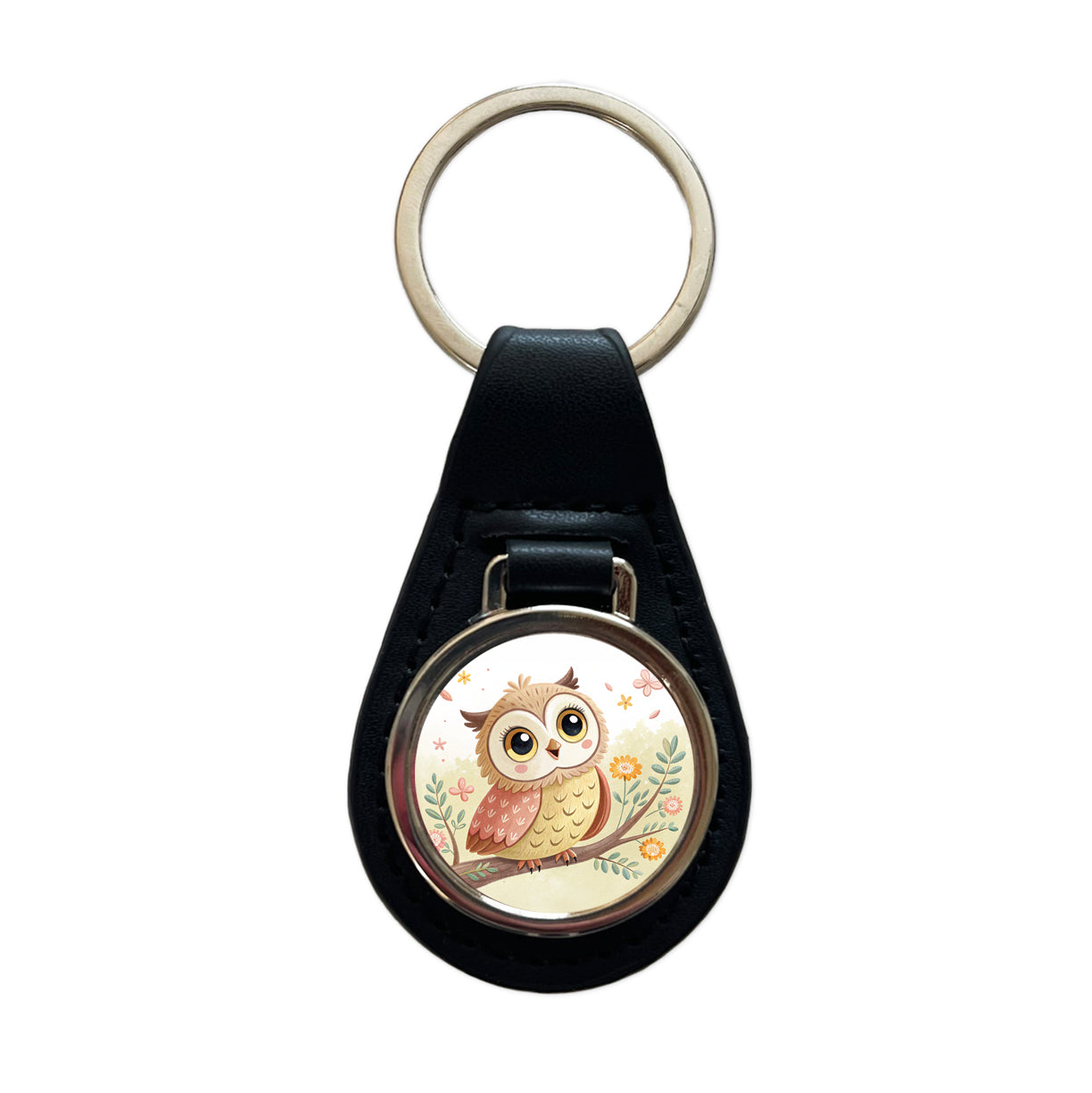Owl Children's Illustration Style Black Leather Metal Keychain