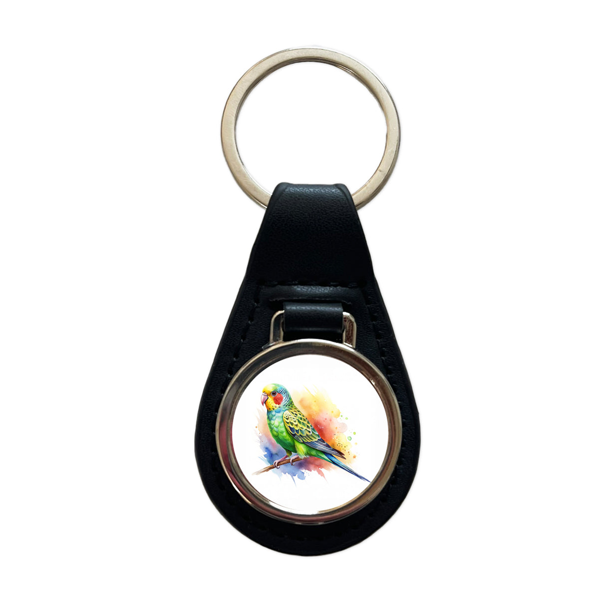 Parakeet Watercolor Black Leather Metal Keychain