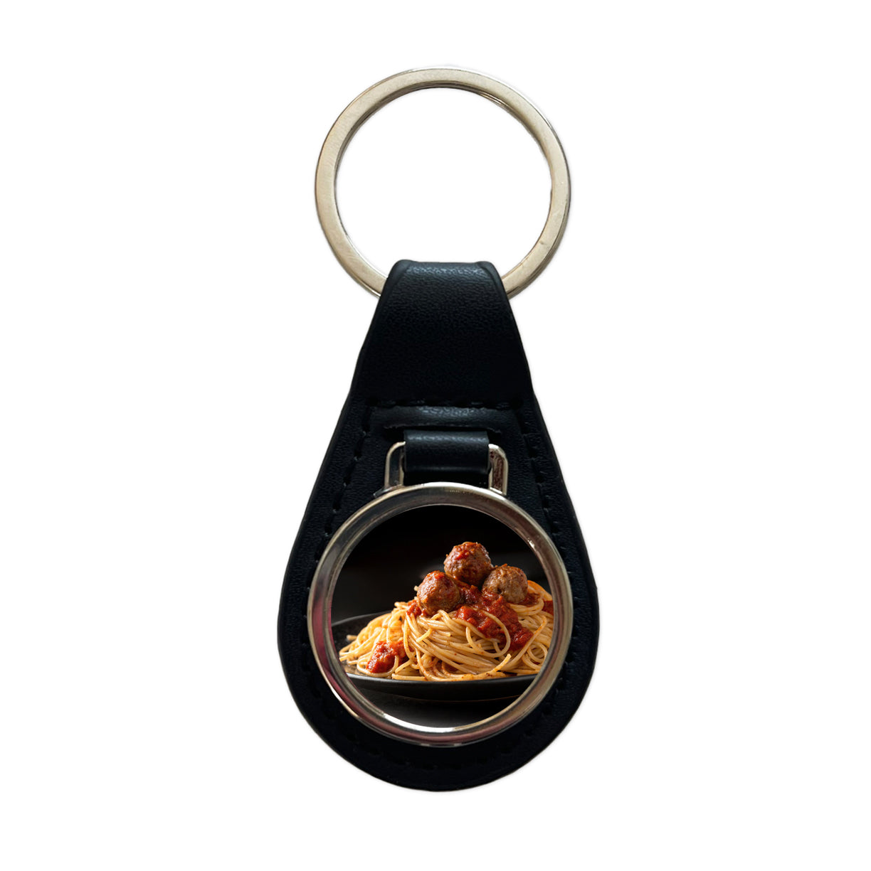 Pasta Spaghetti Sauce And Meatballs Black Leather Metal Keychain