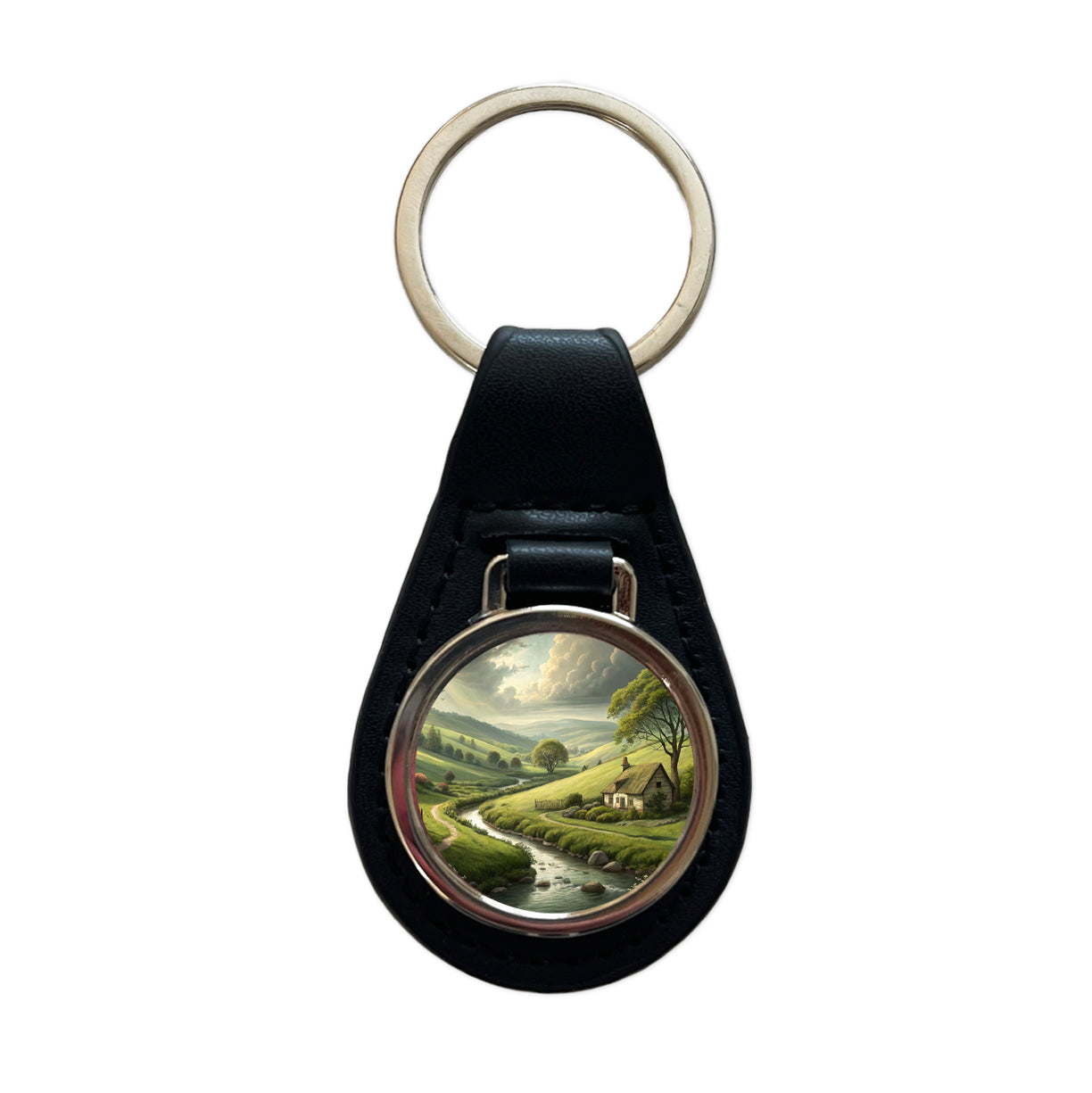 Pastoral Country Landscape Black Leather Metal Keychain