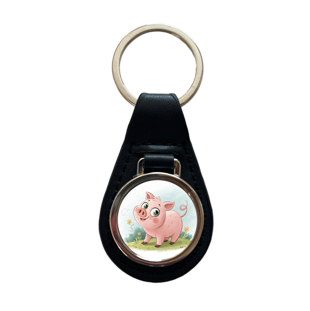 Pig Children's Illustration Style Black Leather Metal Keychain