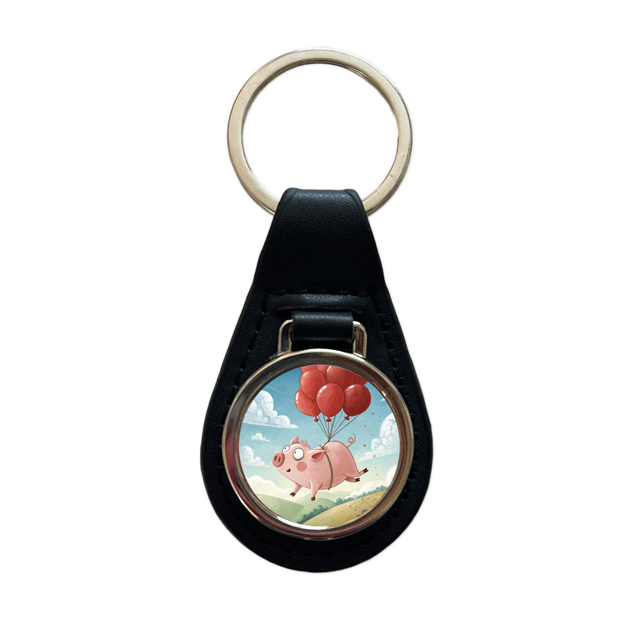 Pig Floating Through Sky Hanging From Red Balloons Black Leather Metal Keychain