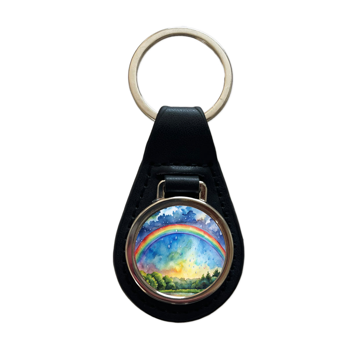 Rainbow After Rain Storm Watercolor Black Leather Metal Keychain