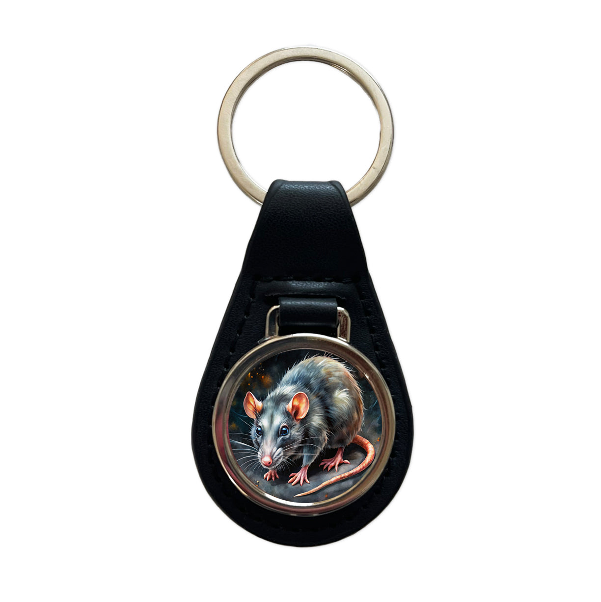 Rat Black Watercolor Black Leather Metal Keychain