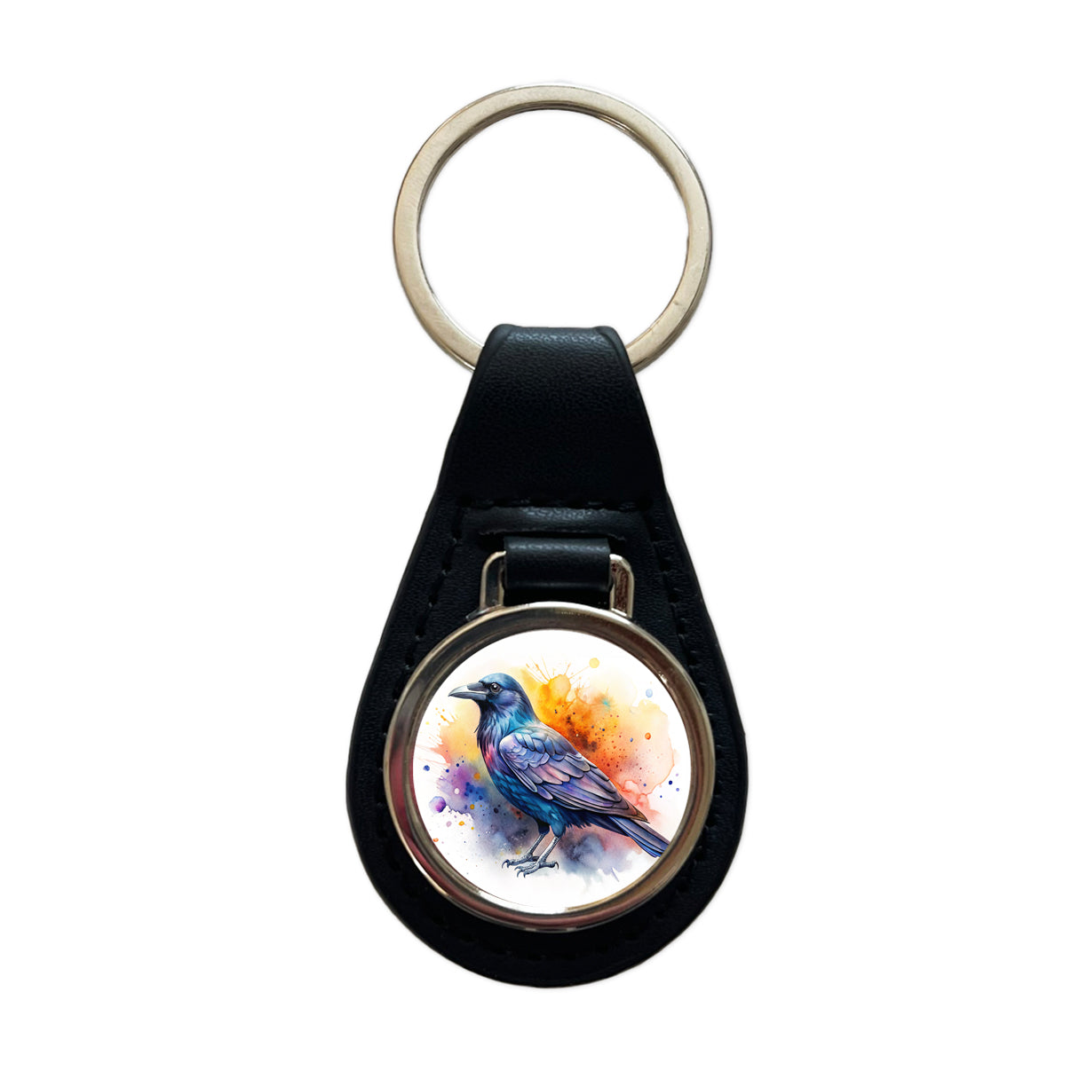 Raven Colorful Watercolor Black Leather Metal Keychain