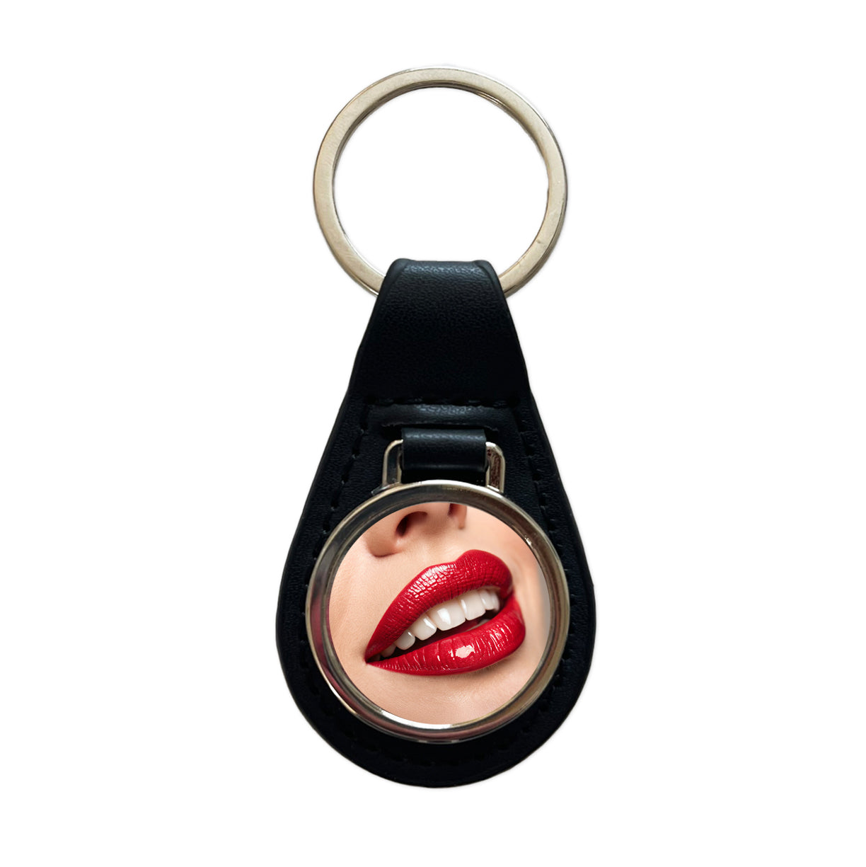 Red Lips Smile Black Leather Metal Keychain