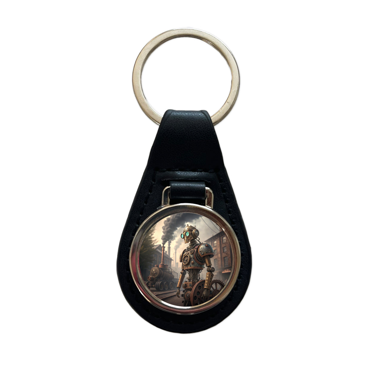 Retro Steampunk Factory Robot Android Black Leather Metal Keychain