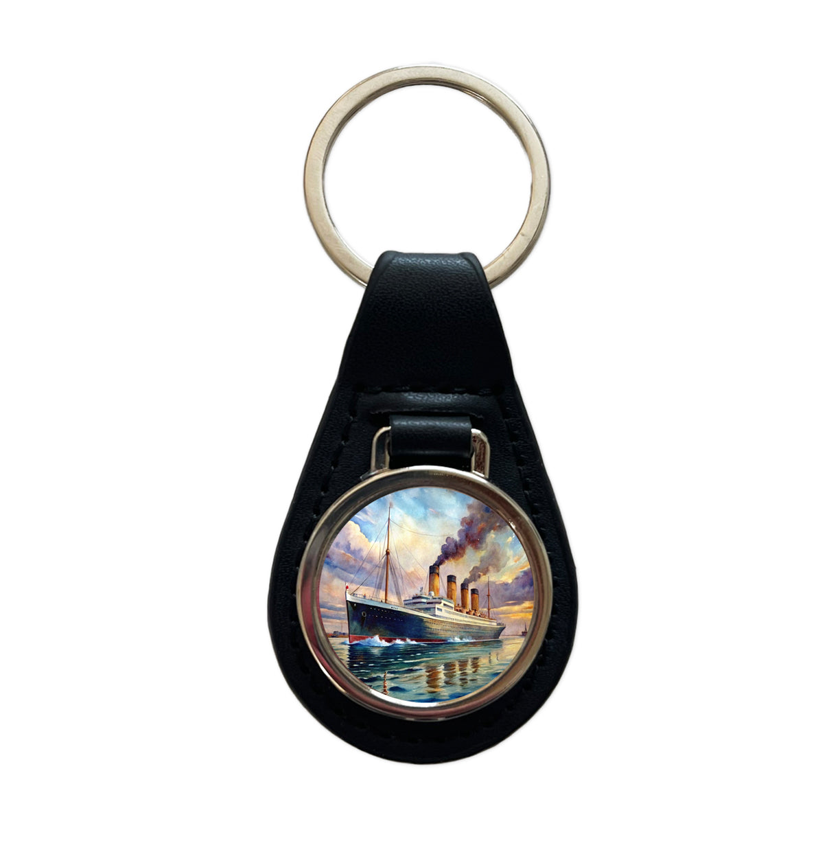 RMS Titanic Ocean Liner Cruise Ship Underway Watercolor Black Leather Metal Keychain